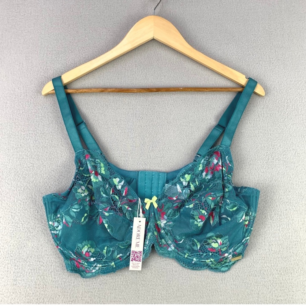 Adore Me Unlined Demi Bra Women 38H Teal Floral Lace Underwire NWT